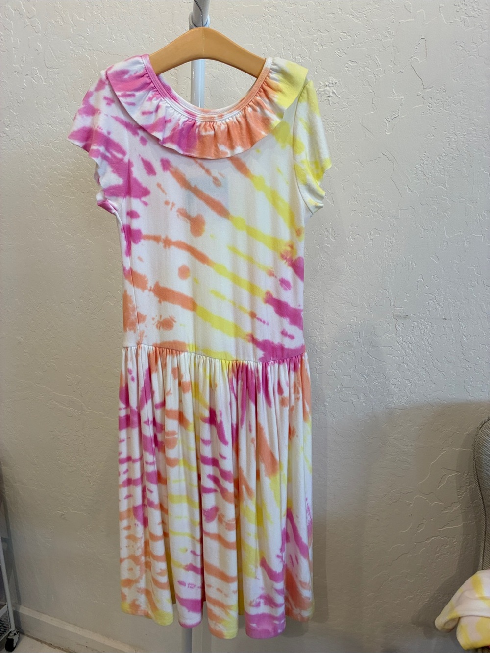 Fairwell Tie-Dye Ruffle Neck Dress - Pink, Orange & Yellow